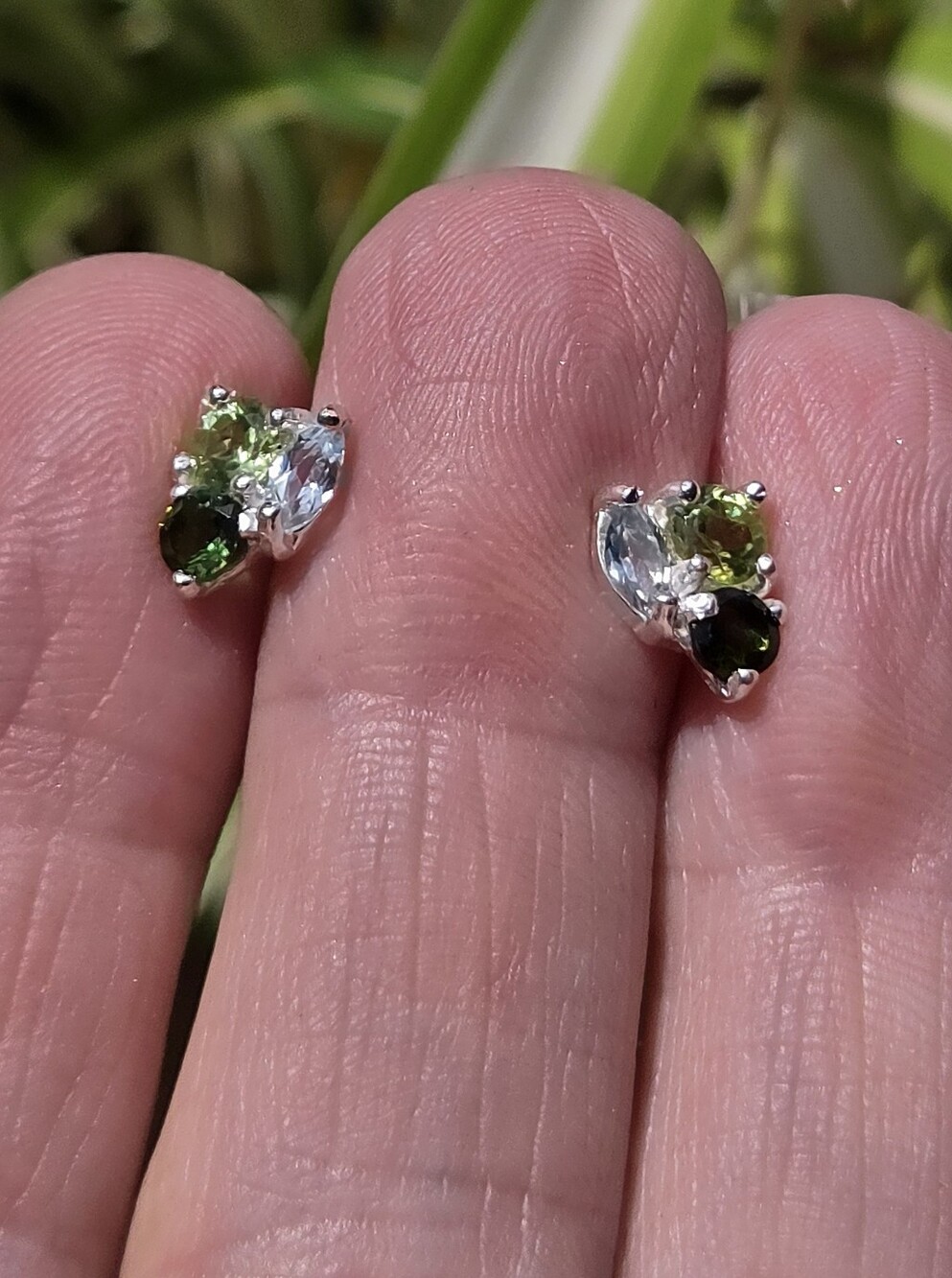 Blue Topaz Peridot & Crome Diopside Natural Sterling & White Gold Earrings - Picture 6 of 9